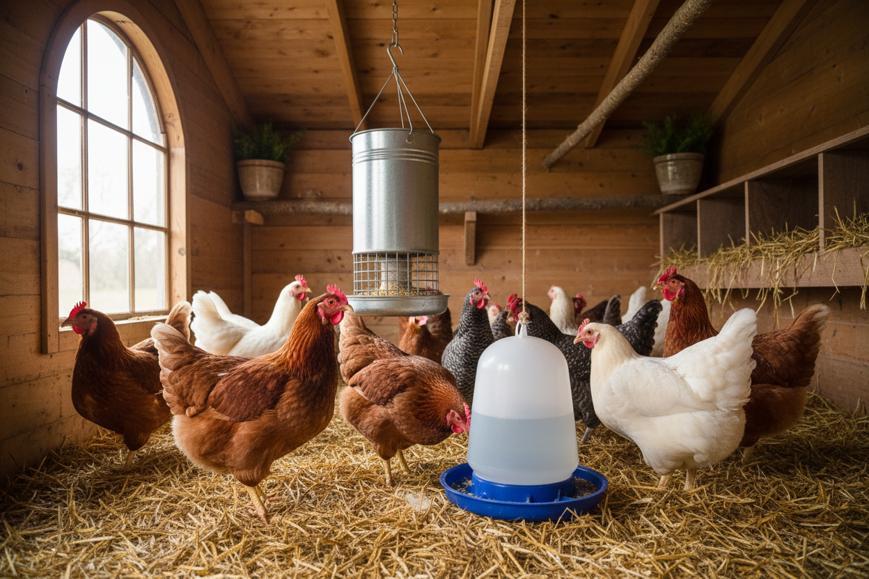 chickens eating and drinking